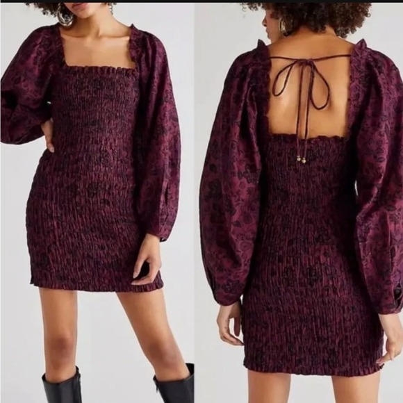 Free People Smock It To Me Dress Purple Floral Bohemian Mini Dress L - Picture 1 of 1